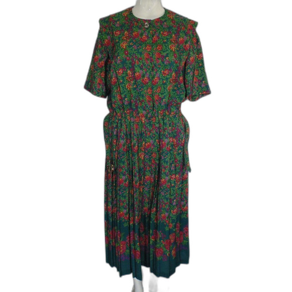 LESLIE FAY Dress, 10, Green Floral, Belt, Short Sleeves, Career, Poly, VINTAGE - Picture 13 of 16